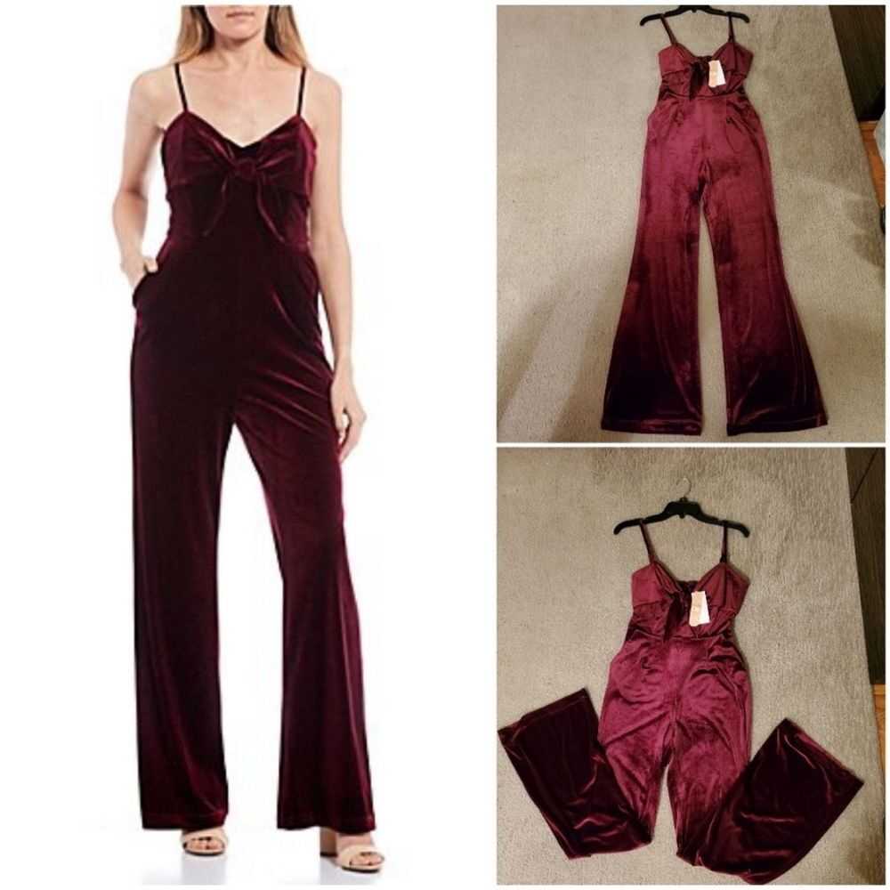 Gianni Bini Deep Burgundy Velvet Romper with Front Bow - Picture 2 of 9